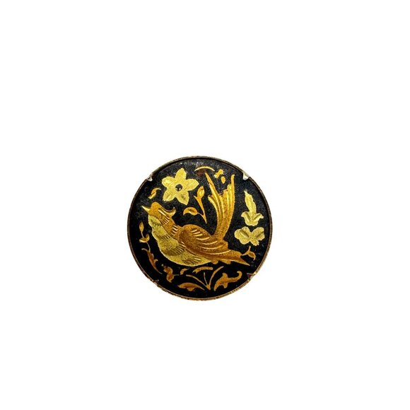 Vintage Spanish Damascene Bird Metal Brooch Black/Gold Tone - Picture 1 of 5